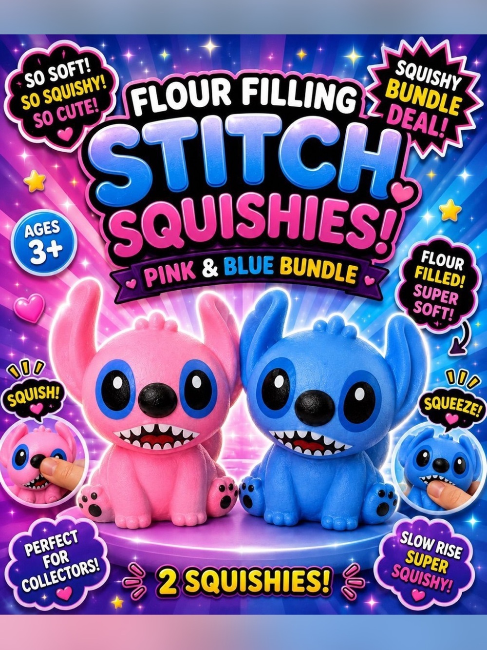Stitch Squishies Pink & Blue Bundle - Flour Filling Kids Toy Set